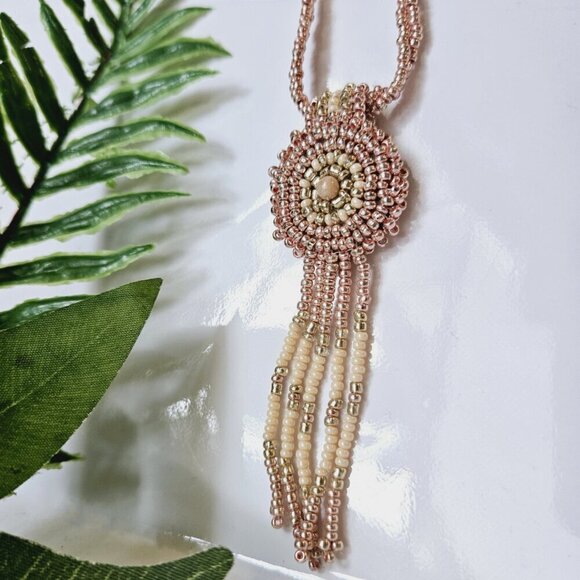 Rose Gold Fringe Beaded Indigenous Medallion Pendant Necklace | Handmade - Picture 10 of 10